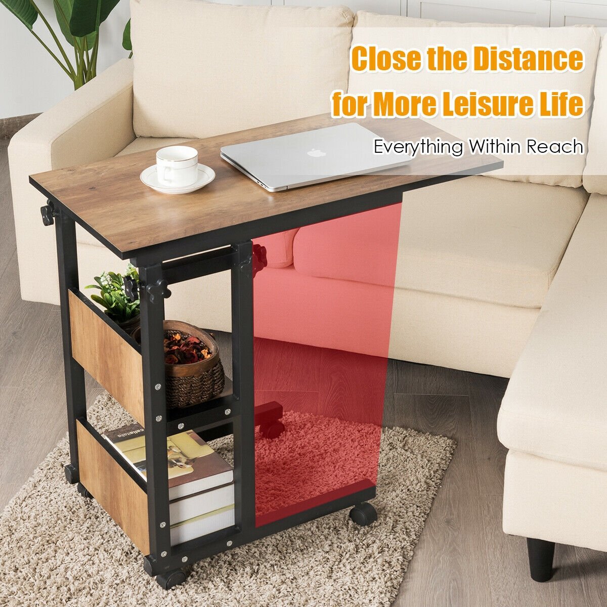 C-Shape Mobile Snack End Table with Storage Shelves, Walnut End & Side Tables   at Gallery Canada