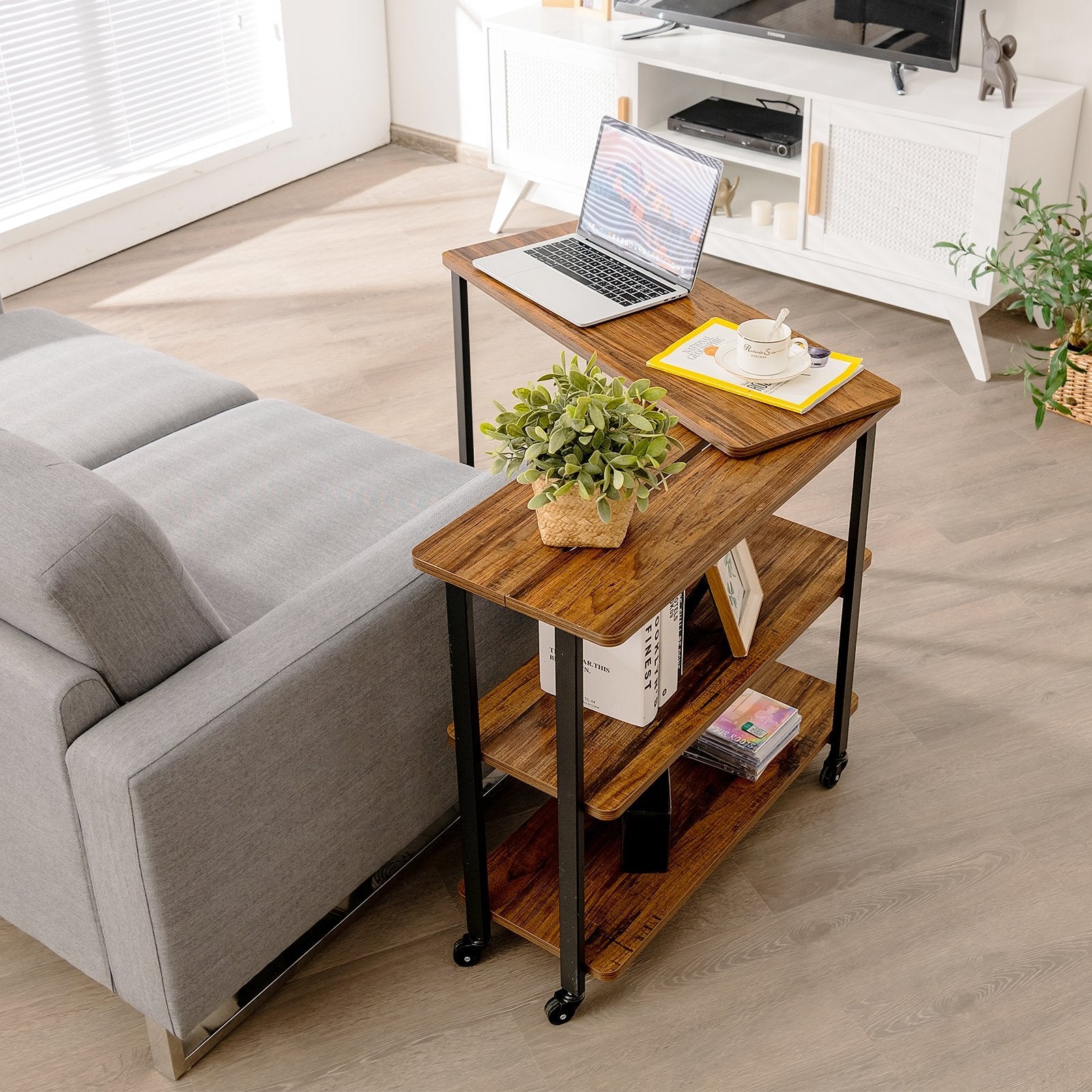 360° Rotating Sofa Side Table with Storage Shelves and Wheels, Brown End & Side Tables   at Gallery Canada