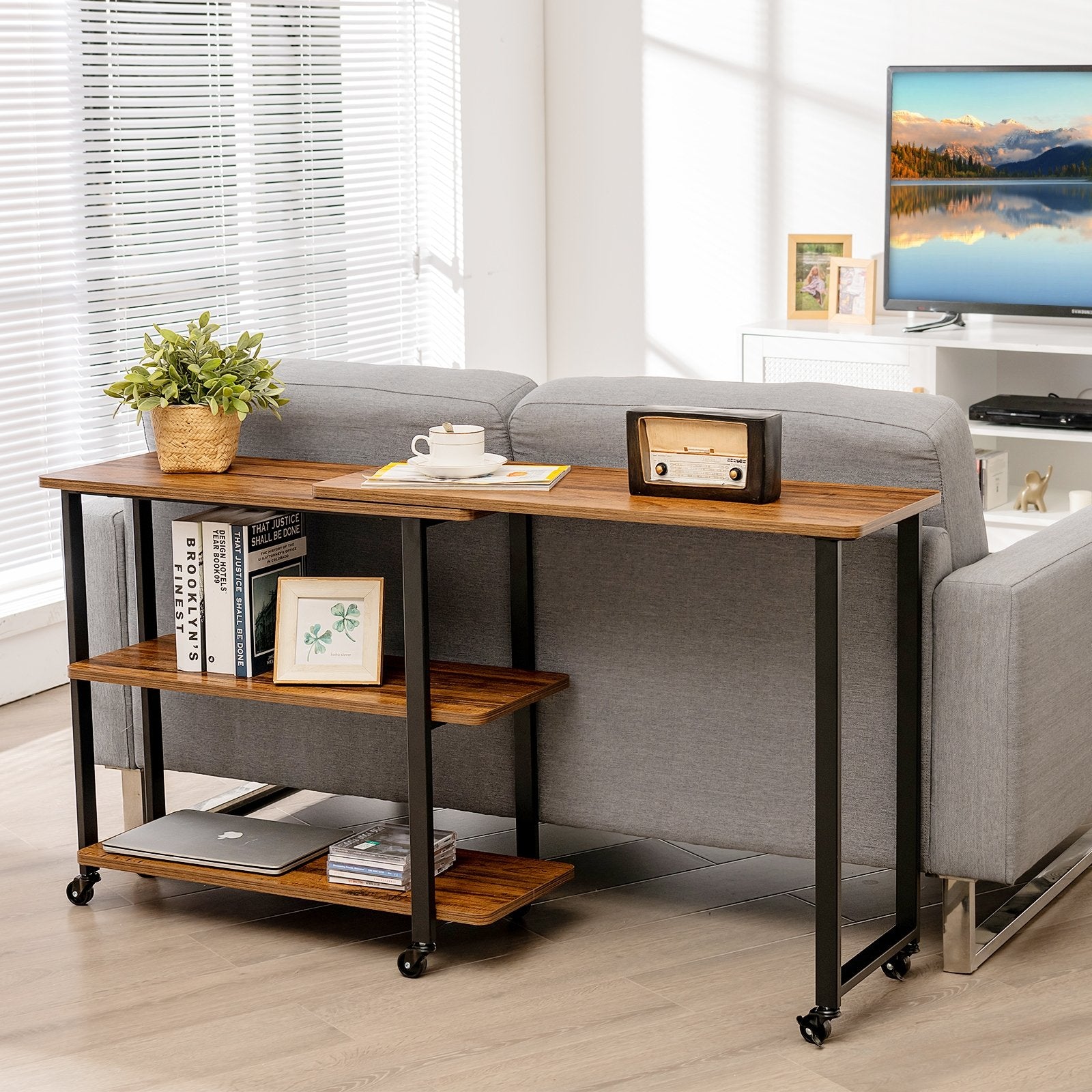 360° Rotating Sofa Side Table with Storage Shelves and Wheels, Brown - Gallery Canada