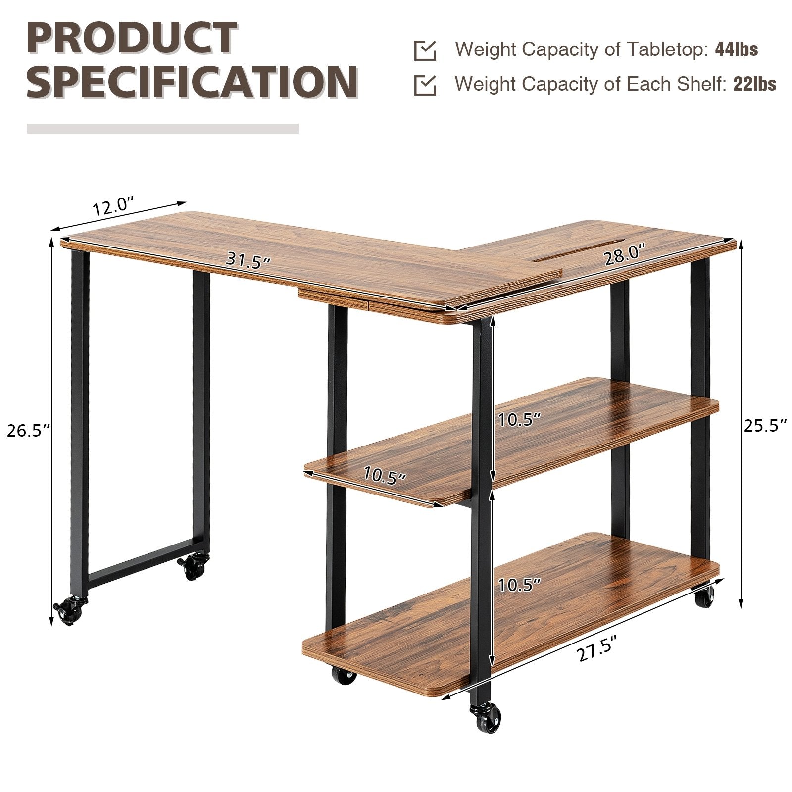 360° Rotating Sofa Side Table with Storage Shelves and Wheels, Brown End & Side Tables   at Gallery Canada