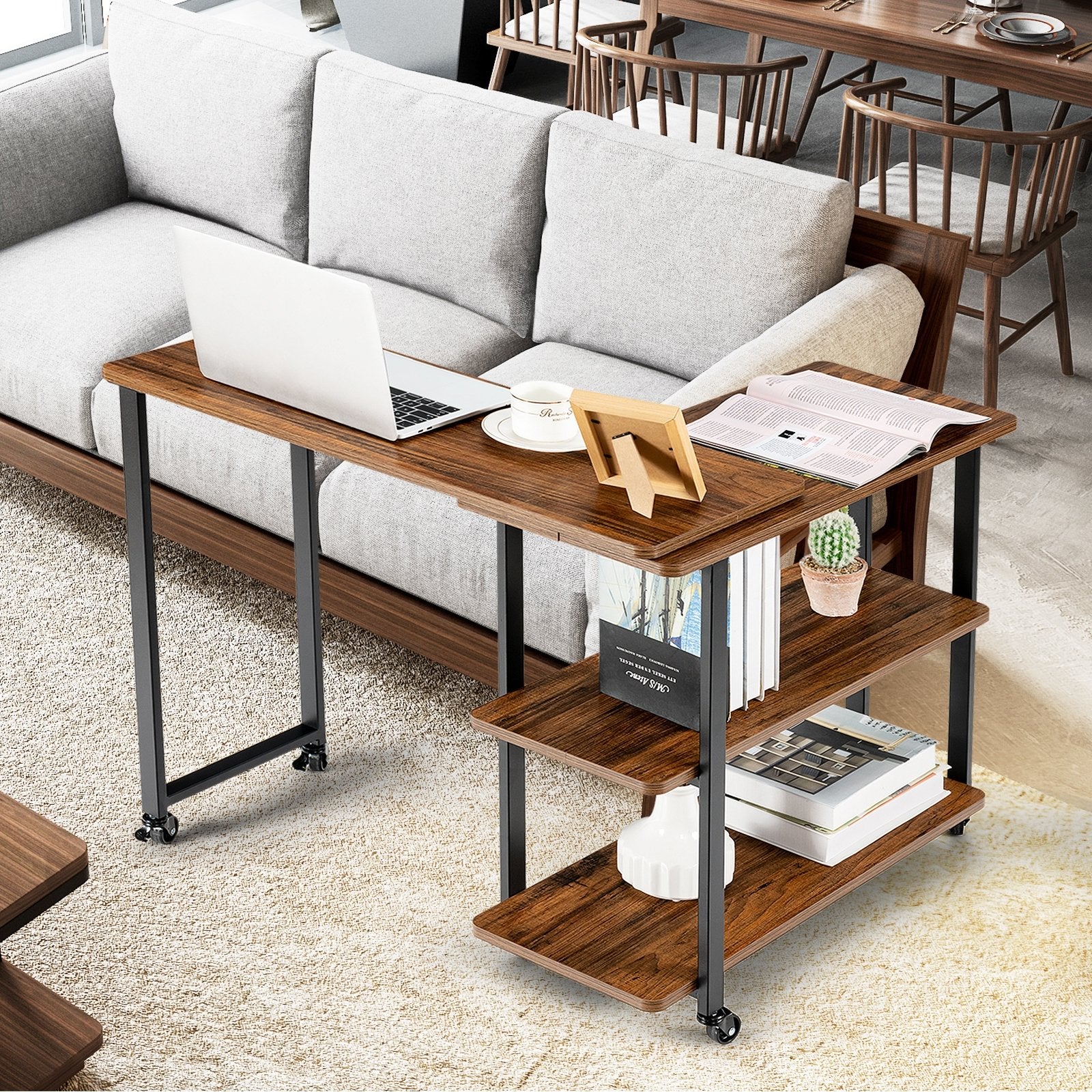 360° Rotating Sofa Side Table with Storage Shelves and Wheels, Brown End & Side Tables   at Gallery Canada