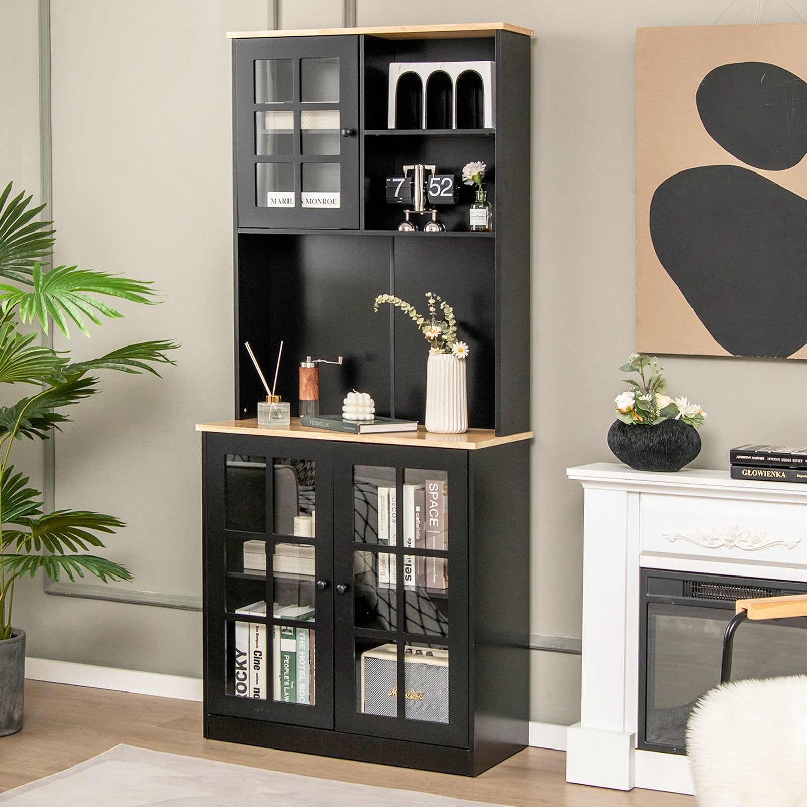 72 Inch Freestanding Pantry Cabinet with Hutch and Adjustable Shelf, Black Sideboards Cabinets & Buffets   at Gallery Canada