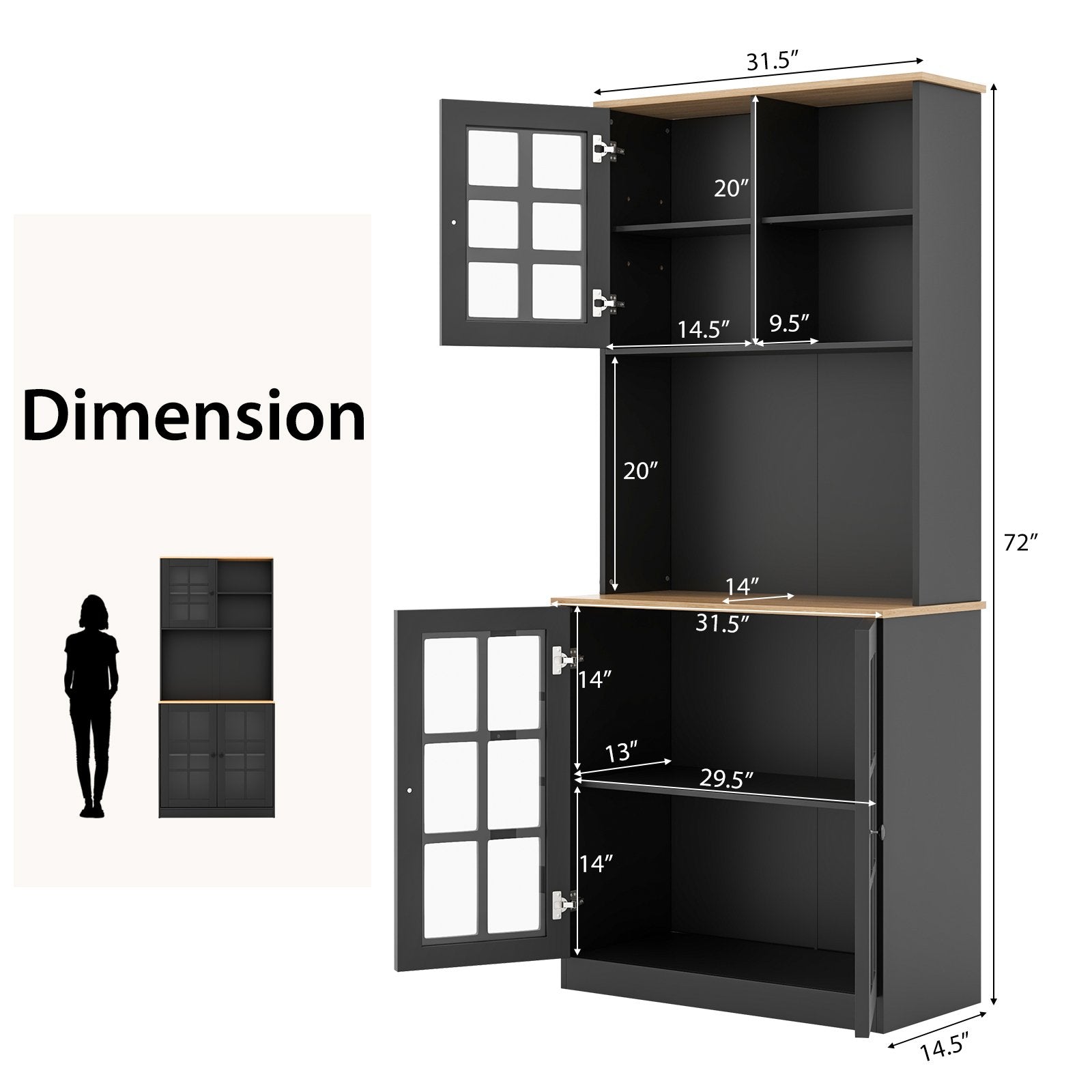 72 Inch Freestanding Pantry Cabinet with Hutch and Adjustable Shelf, Black Sideboards Cabinets & Buffets   at Gallery Canada