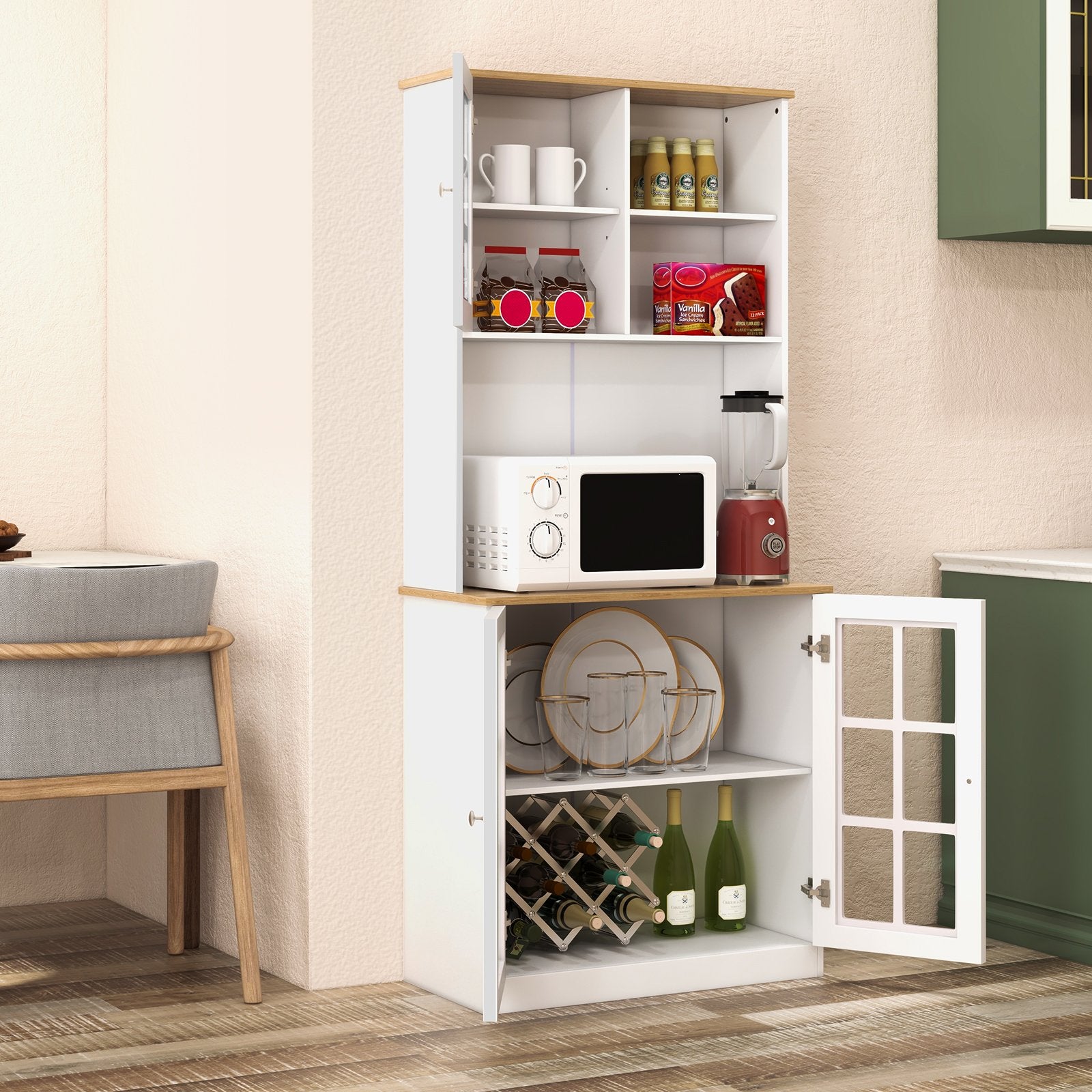 72 Inch Freestanding Pantry Cabinet with Hutch and Adjustable Shelf, White Sideboards Cabinets & Buffets   at Gallery Canada