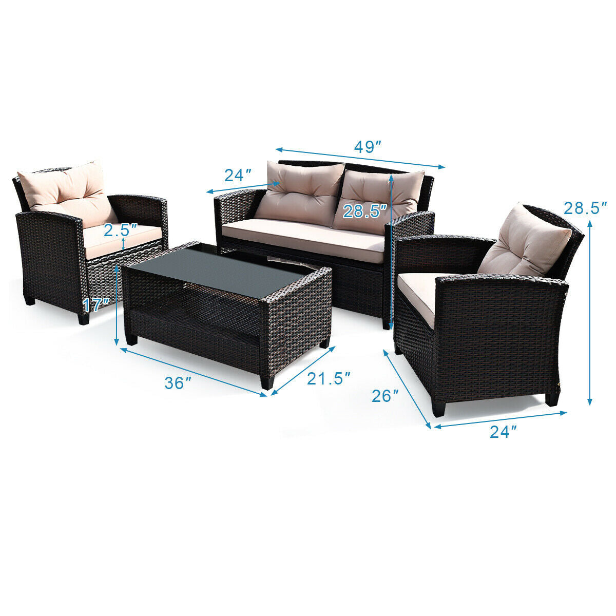 4 Pieces Outdoor Rattan Armrest Furniture Set Table with Lower Shelf, Beige Patio Conversation Sets   at Gallery Canada