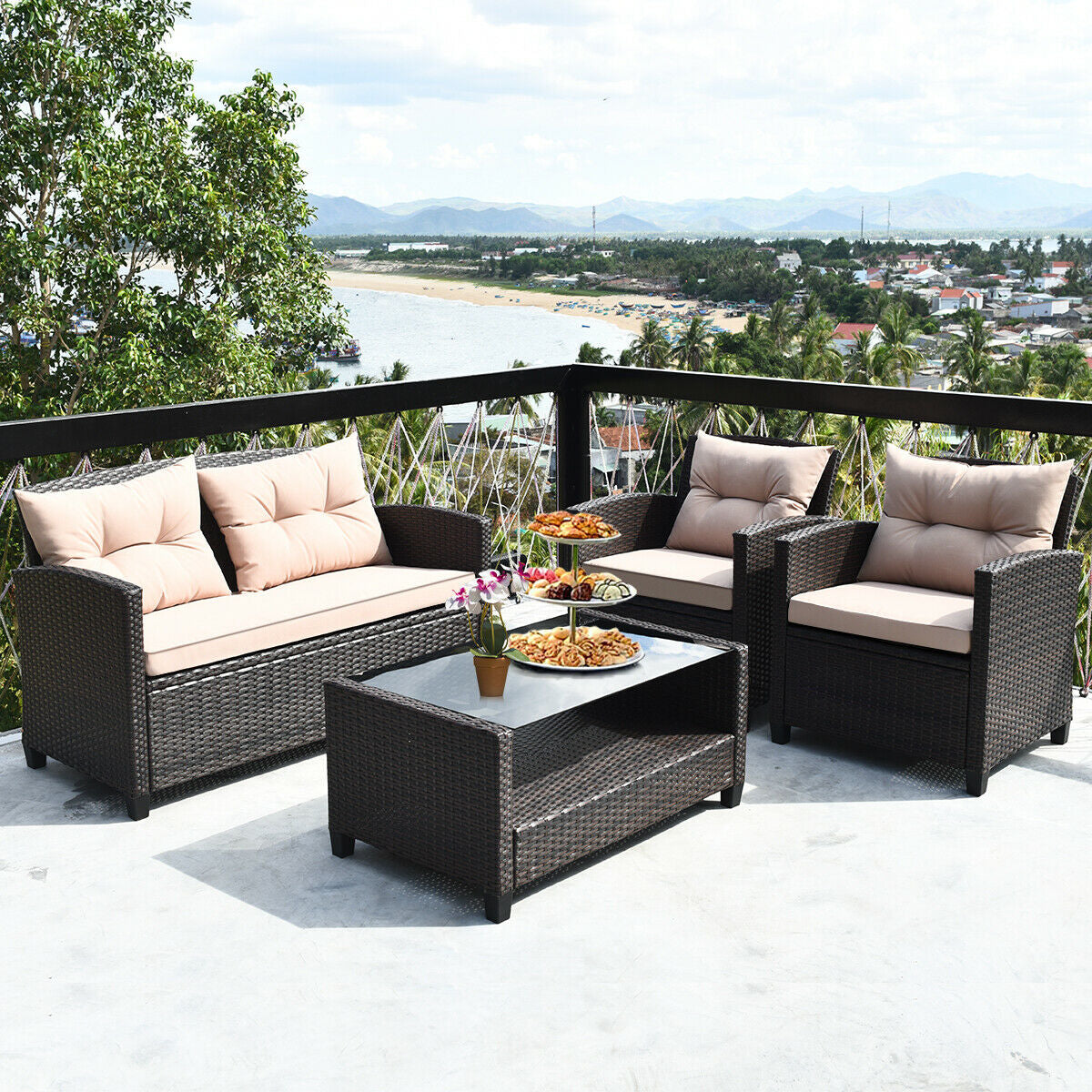 4 Pieces Outdoor Rattan Armrest Furniture Set Table with Lower Shelf, Beige Patio Conversation Sets   at Gallery Canada