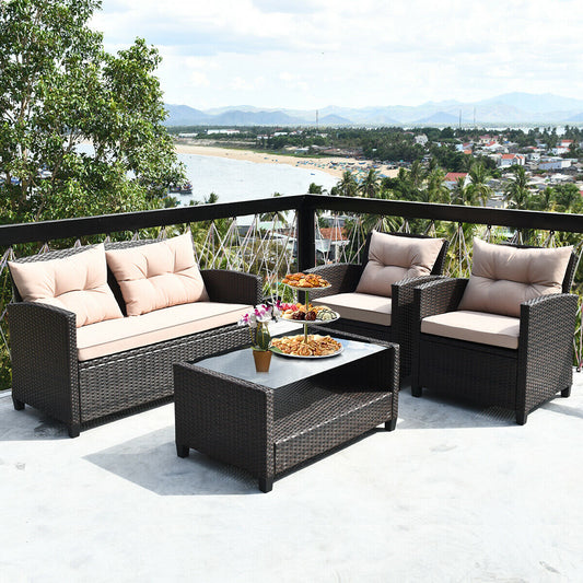 4 Pieces Outdoor Rattan Armrest Furniture Set Table with Lower Shelf, Beige Patio Conversation Sets Beige  at Gallery Canada