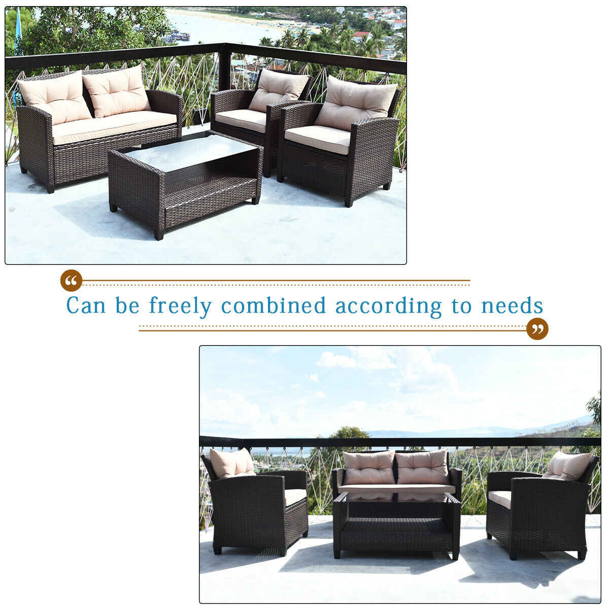 4 Pieces Outdoor Rattan Armrest Furniture Set Table with Lower Shelf, Beige Patio Conversation Sets   at Gallery Canada