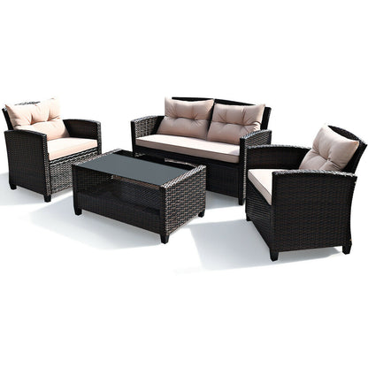 4 Pieces Outdoor Rattan Armrest Furniture Set Table with Lower Shelf, Beige Patio Conversation Sets   at Gallery Canada