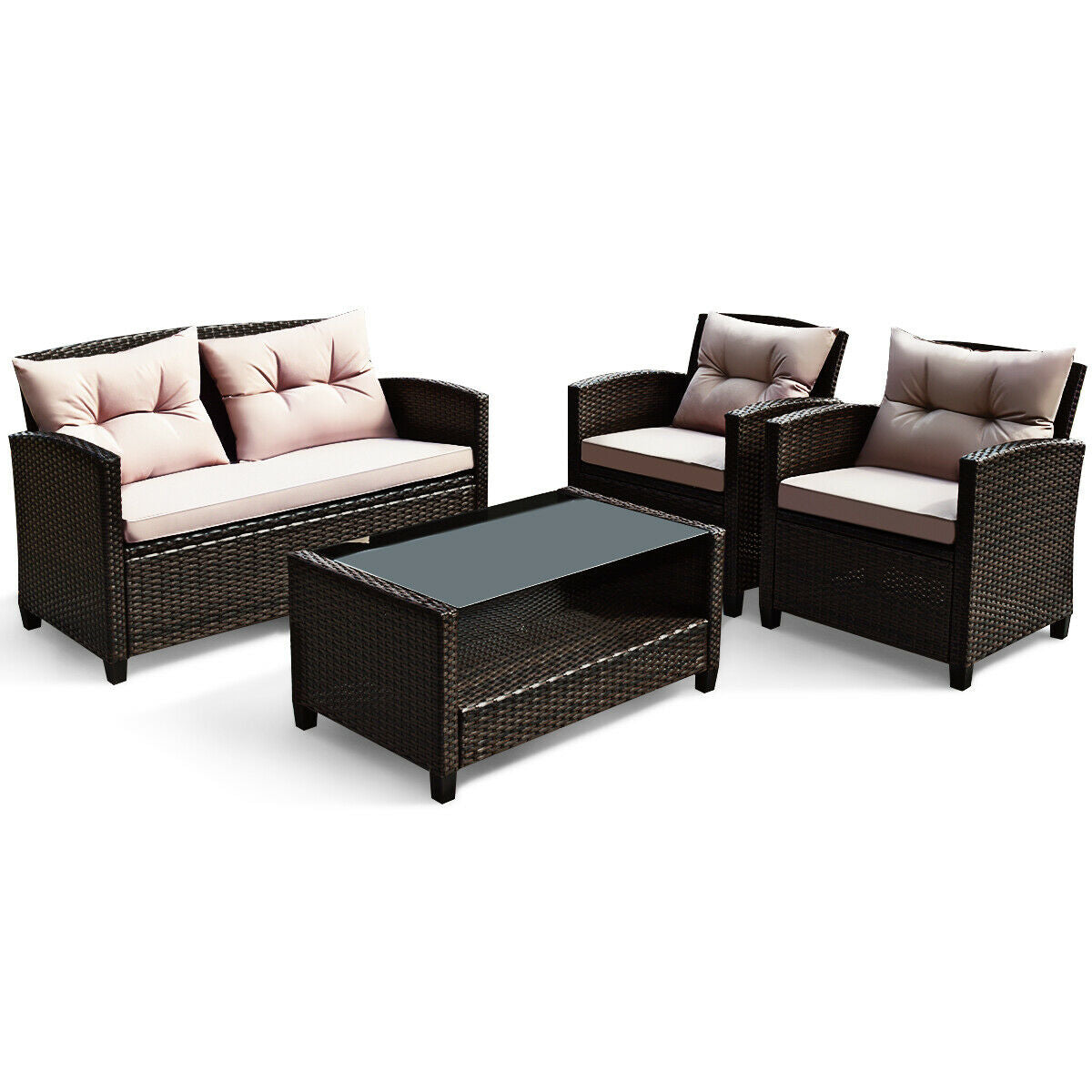 4 Pieces Outdoor Rattan Armrest Furniture Set Table with Lower Shelf, Beige Patio Conversation Sets Beige  at Gallery Canada