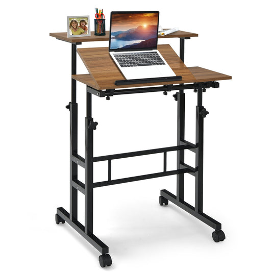 Mobile Standing up Desk Adjustable Computer Desk Tilting Workstation, Walnut - Gallery Canada