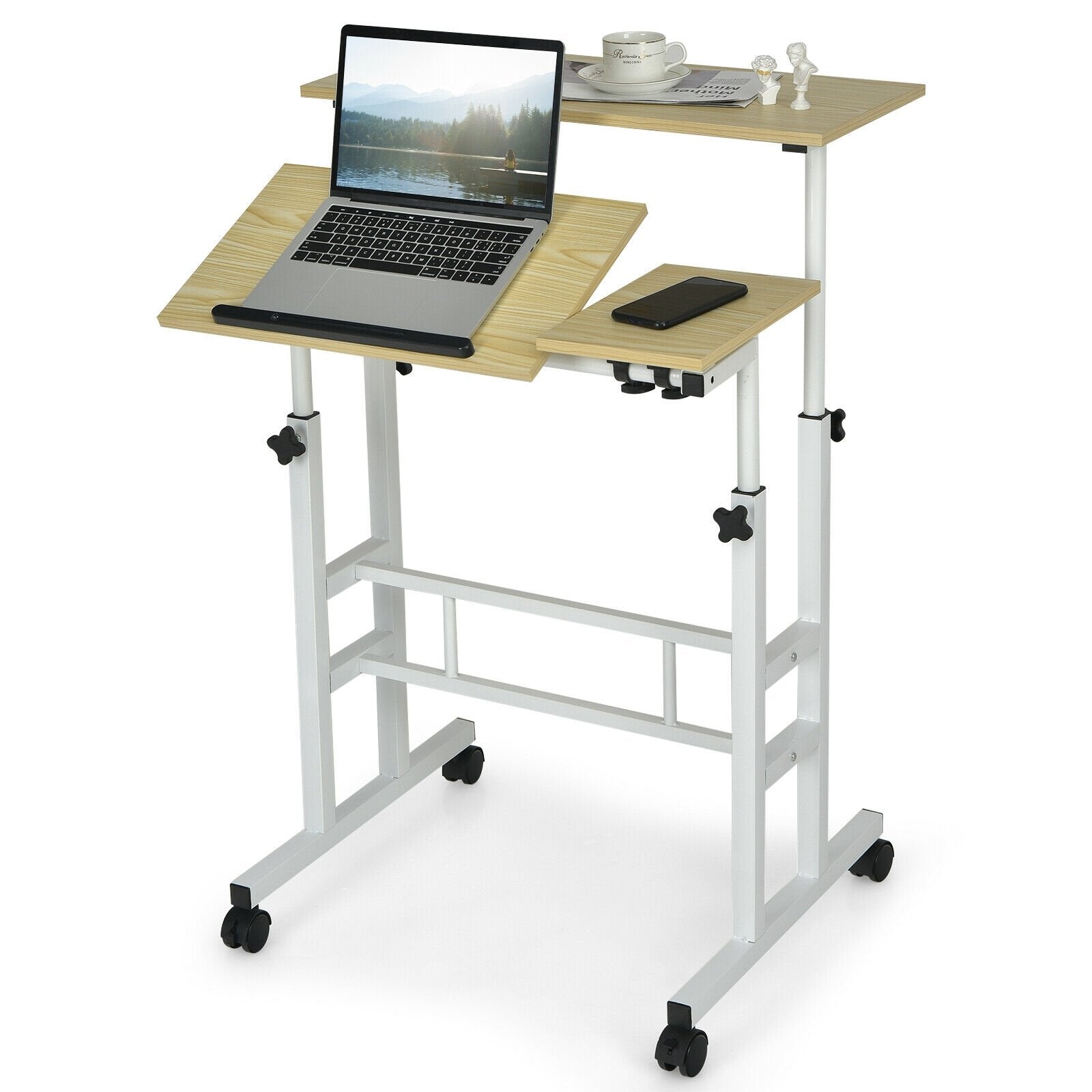 Mobile Standing up Desk Adjustable Computer Desk Tilting Workstation, Natural Laptop Tables & Printer Stands Natural at Gallery Canada