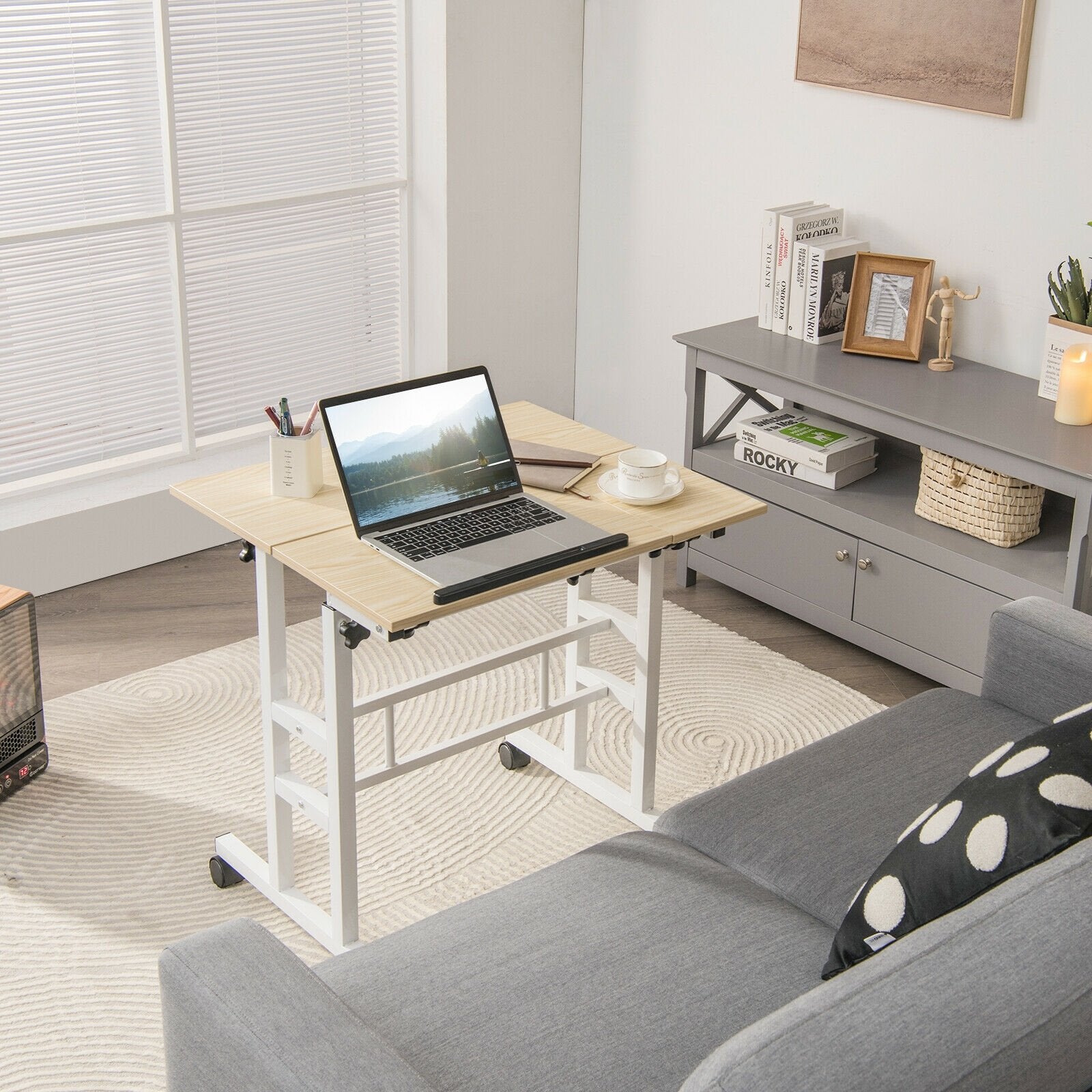 Mobile Standing up Desk Adjustable Computer Desk Tilting Workstation, Natural Laptop Tables & Printer Stands   at Gallery Canada