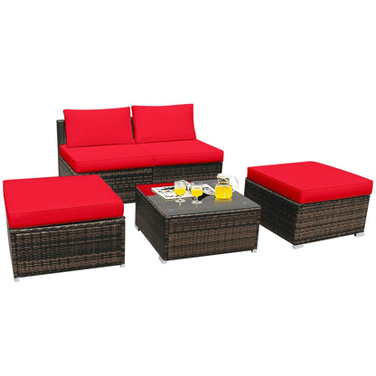 5 Pieces Patio Rattan Furniture Set with Cushioned Armless Sofa, Red Patio Conversation Sets   at Gallery Canada