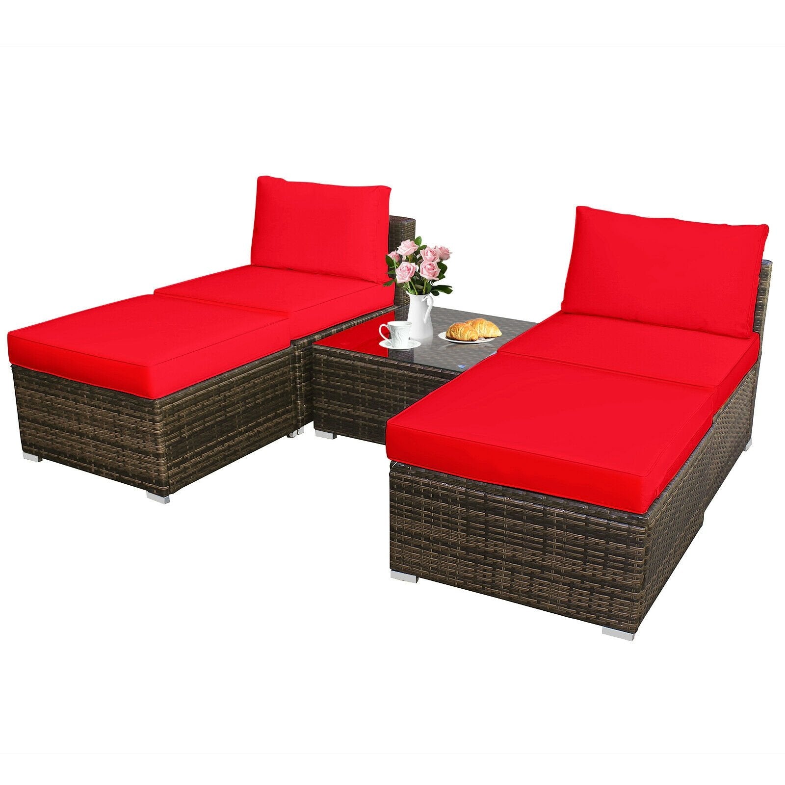 5 Pieces Patio Rattan Furniture Set with Cushioned Armless Sofa, Red Patio Conversation Sets   at Gallery Canada