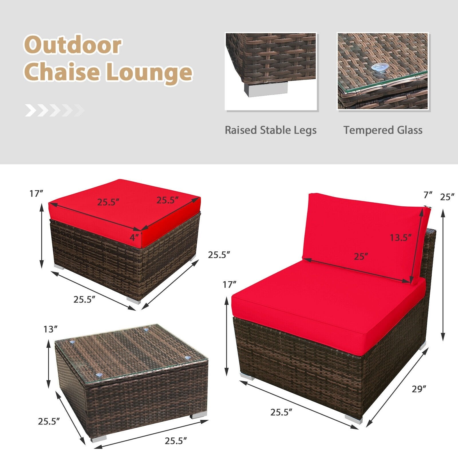 5 Pieces Patio Rattan Furniture Set with Cushioned Armless Sofa, Red Patio Conversation Sets   at Gallery Canada