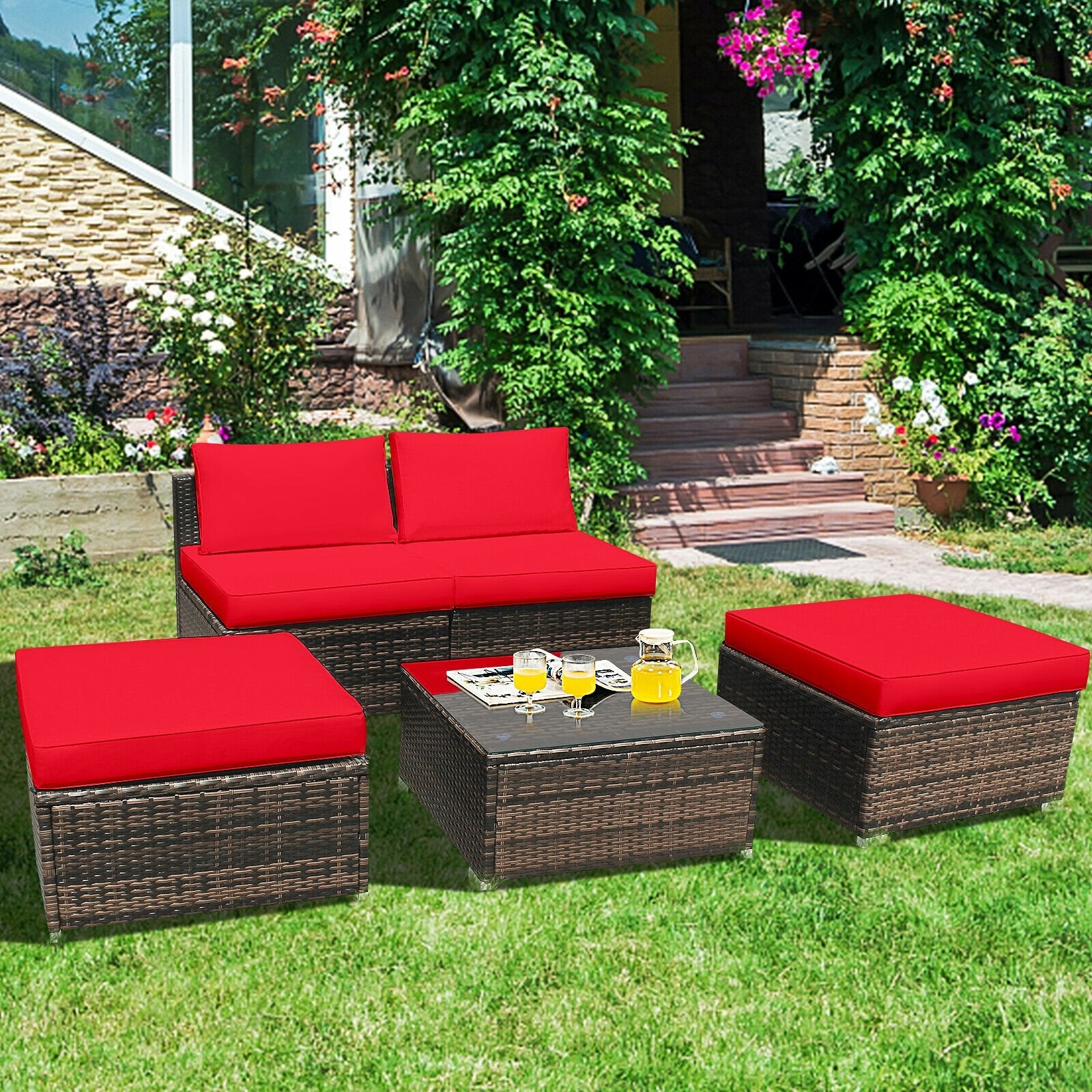 5 Pieces Patio Rattan Furniture Set with Cushioned Armless Sofa, Red Patio Conversation Sets   at Gallery Canada