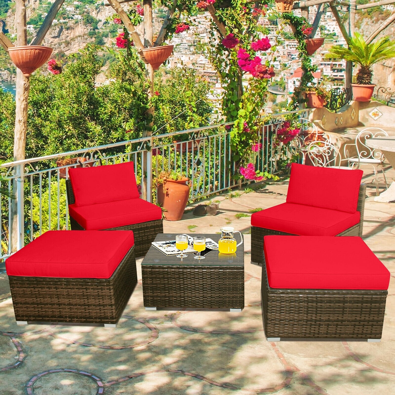 5 Pieces Patio Rattan Furniture Set with Cushioned Armless Sofa, Red - Gallery Canada