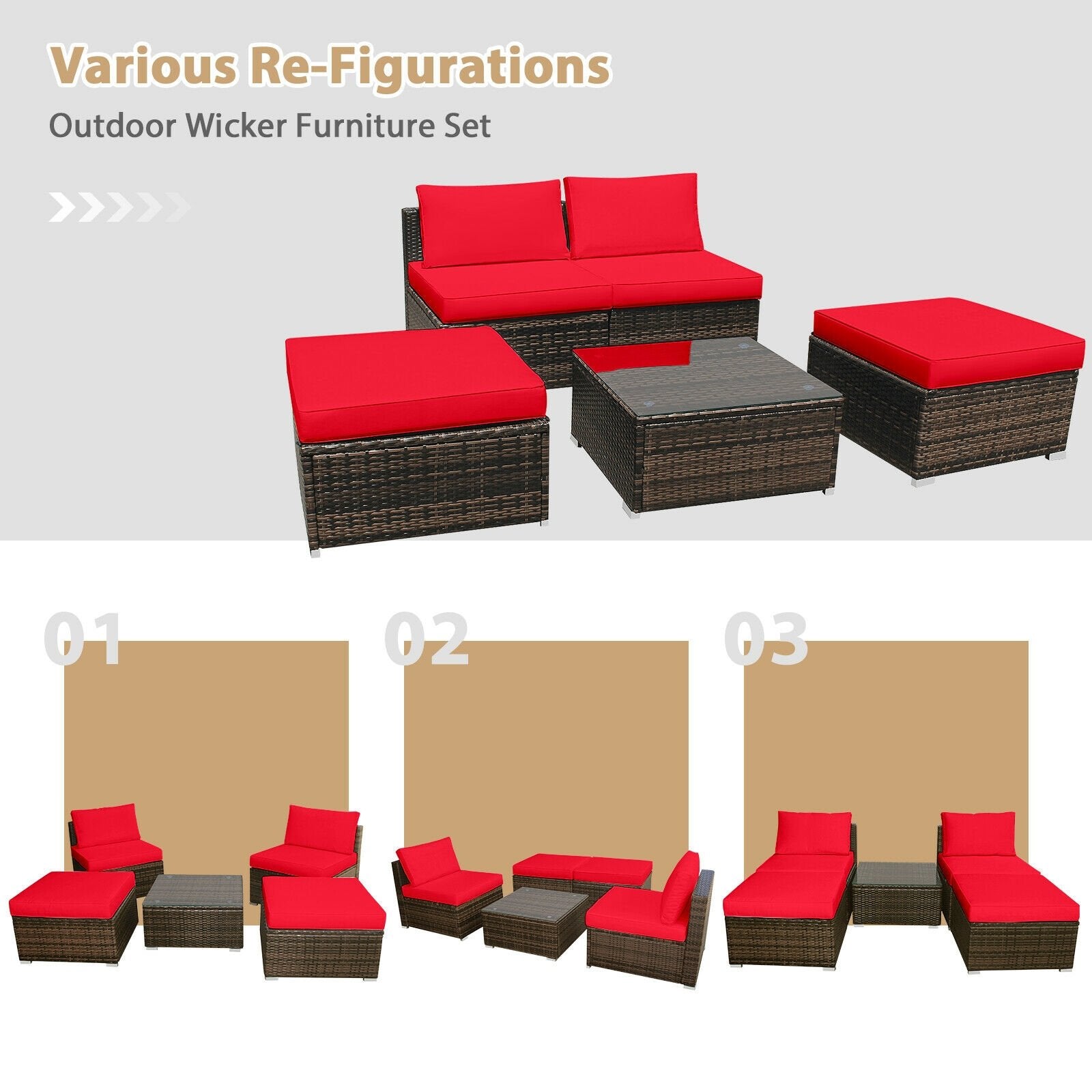 5 Pieces Patio Rattan Furniture Set with Cushioned Armless Sofa, Red Patio Conversation Sets   at Gallery Canada