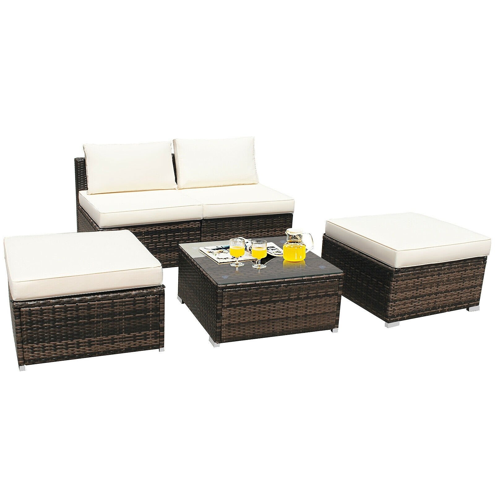 5 Pieces Patio Rattan Furniture Set with Cushioned Armless Sofa, White Patio Conversation Sets   at Gallery Canada