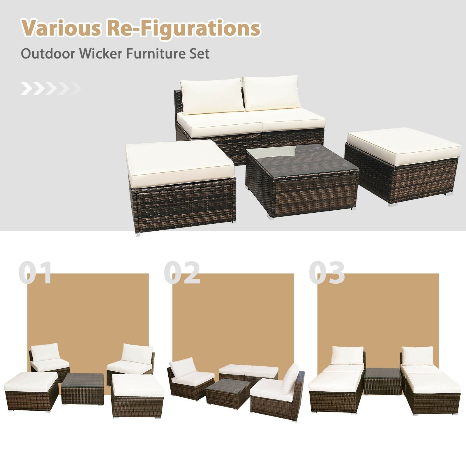 5 Pieces Patio Rattan Furniture Set with Cushioned Armless Sofa, White Patio Conversation Sets   at Gallery Canada