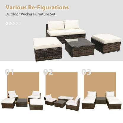 5 Pieces Patio Rattan Furniture Set with Cushioned Armless Sofa, White - Gallery Canada