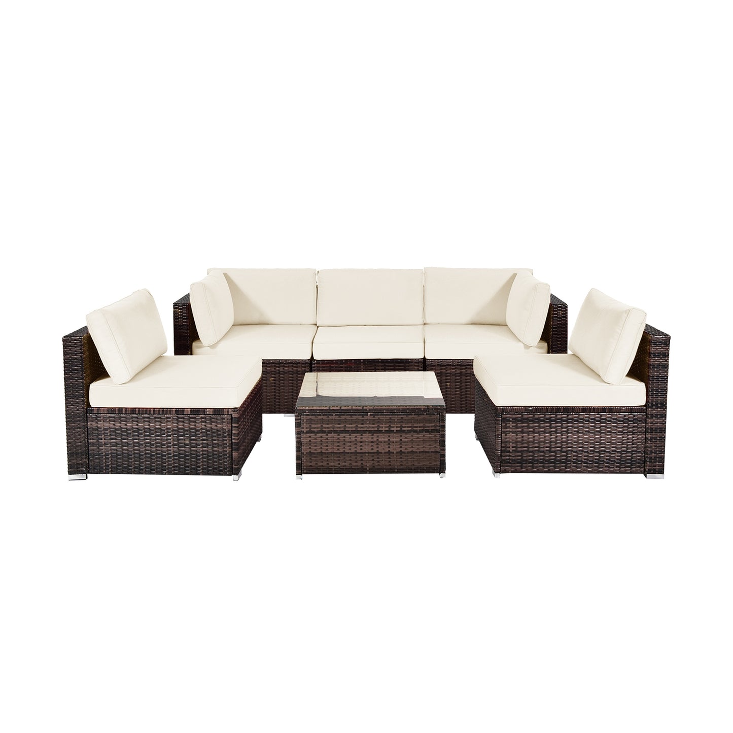 6 Pieces Patio Rattan Furniture Set with Cushions and Glass Coffee Table, White Outdoor Sectionals White  at Gallery Canada