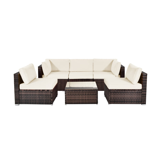 6 Pieces Patio Rattan Furniture Set with Cushions and Glass Coffee Table, White - Gallery Canada