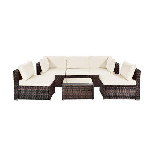 6 Pieces Patio Rattan Furniture Set with Cushions and Glass Coffee Table, White