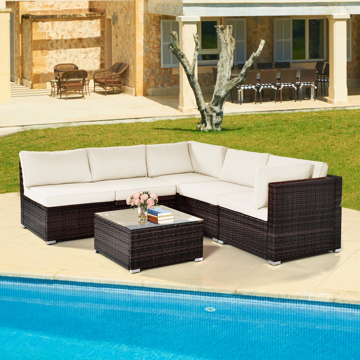 6 Pieces Patio Rattan Furniture Set with Cushions and Glass Coffee Table, White Outdoor Sectionals   at Gallery Canada