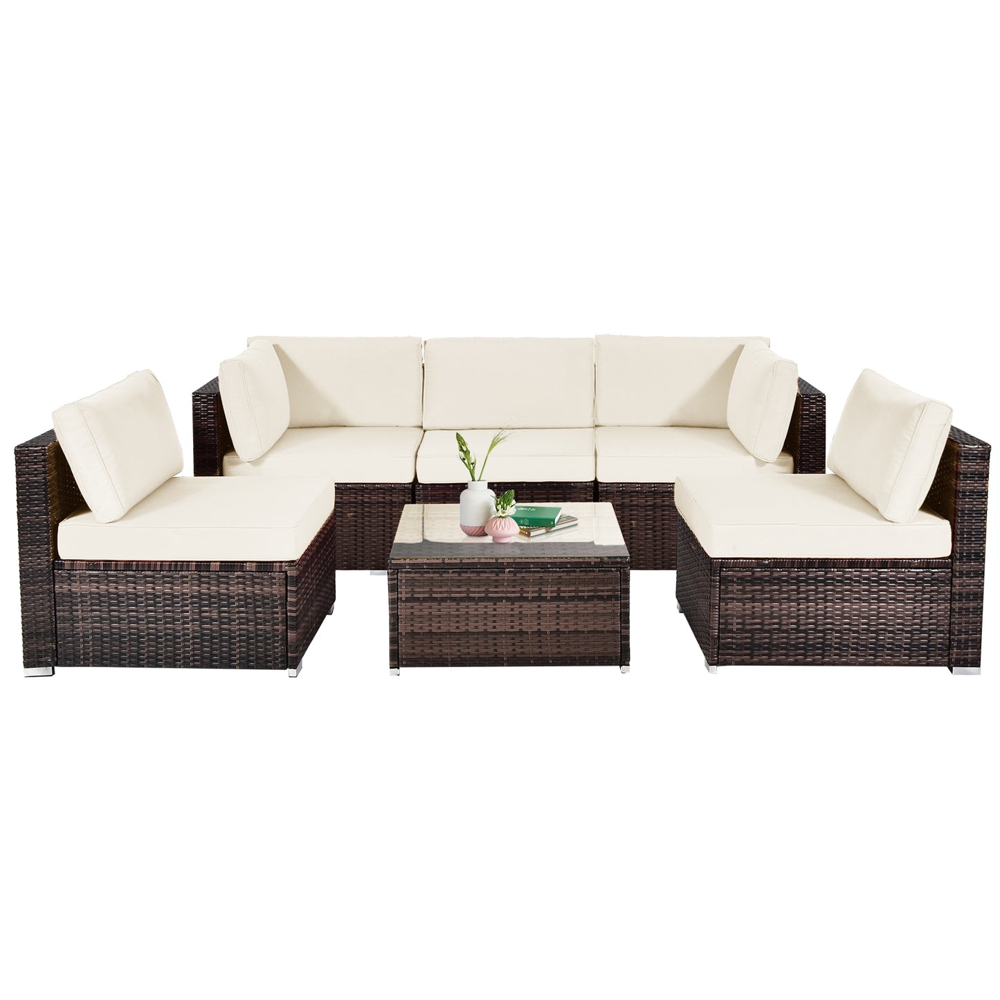 6 Pieces Patio Rattan Furniture Set with Cushions and Glass Coffee Table, White Outdoor Sectionals   at Gallery Canada