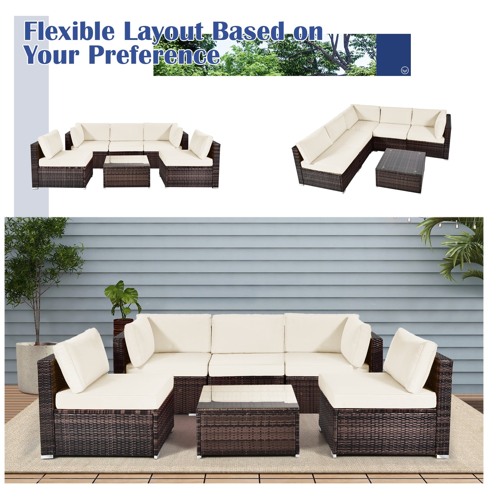 6 Pieces Patio Rattan Furniture Set with Cushions and Glass Coffee Table, White Outdoor Sectionals   at Gallery Canada