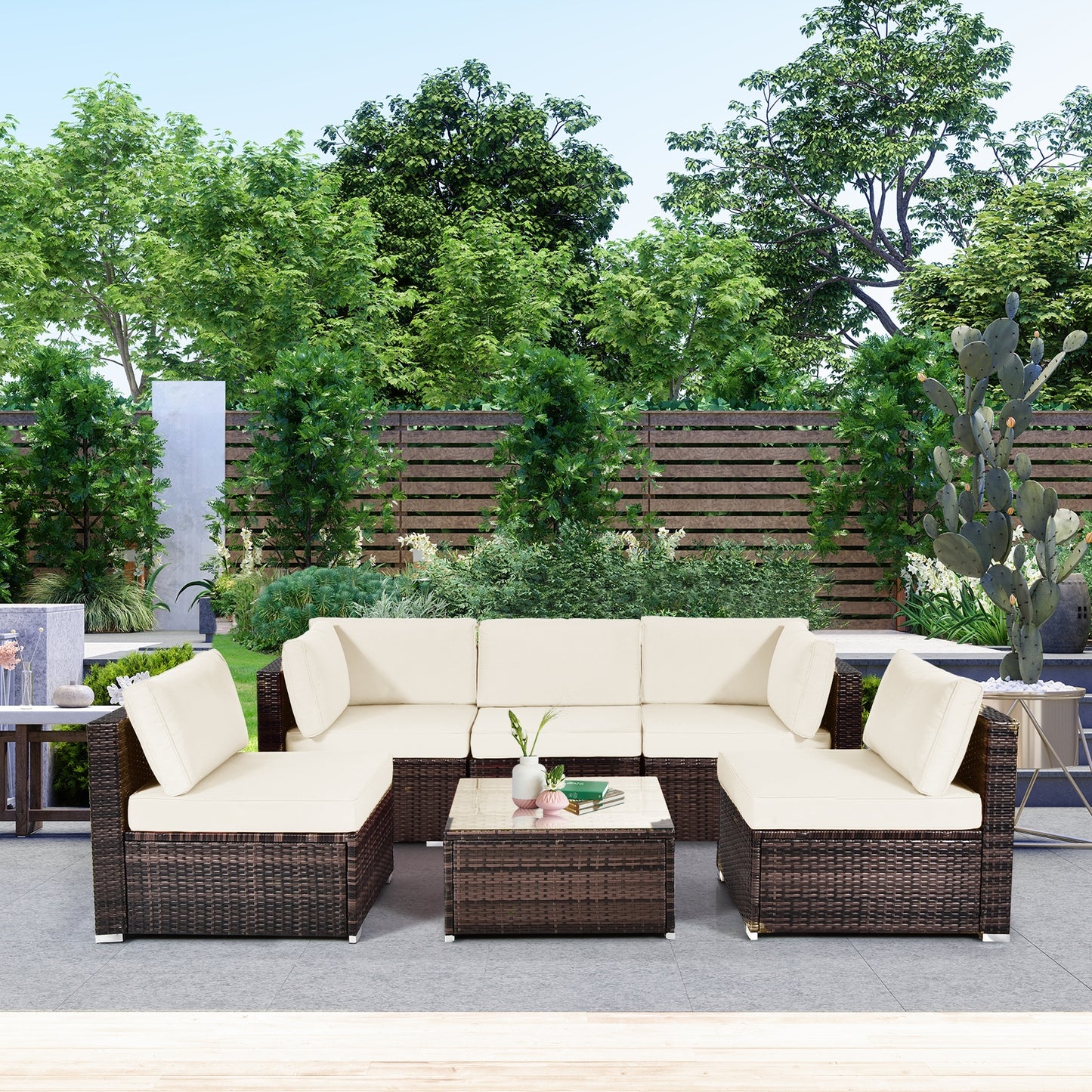 6 Pieces Patio Rattan Furniture Set with Cushions and Glass Coffee Table, White Outdoor Sectionals   at Gallery Canada