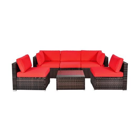 6 Pieces Patio Rattan Furniture Set with Cushions and Glass Coffee Table, Red Outdoor Sectionals Red  at Gallery Canada