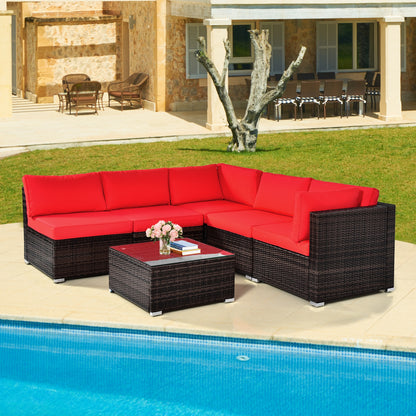 6 Pieces Patio Rattan Furniture Set with Cushions and Glass Coffee Table, Red Outdoor Sectionals   at Gallery Canada