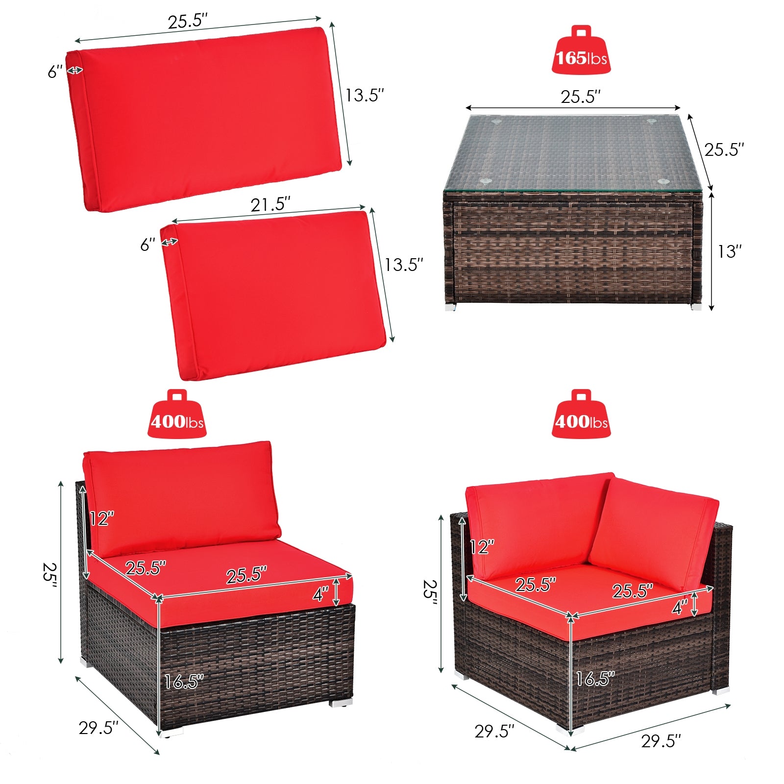 6 Pieces Patio Rattan Furniture Set with Cushions and Glass Coffee Table, Red Outdoor Sectionals   at Gallery Canada