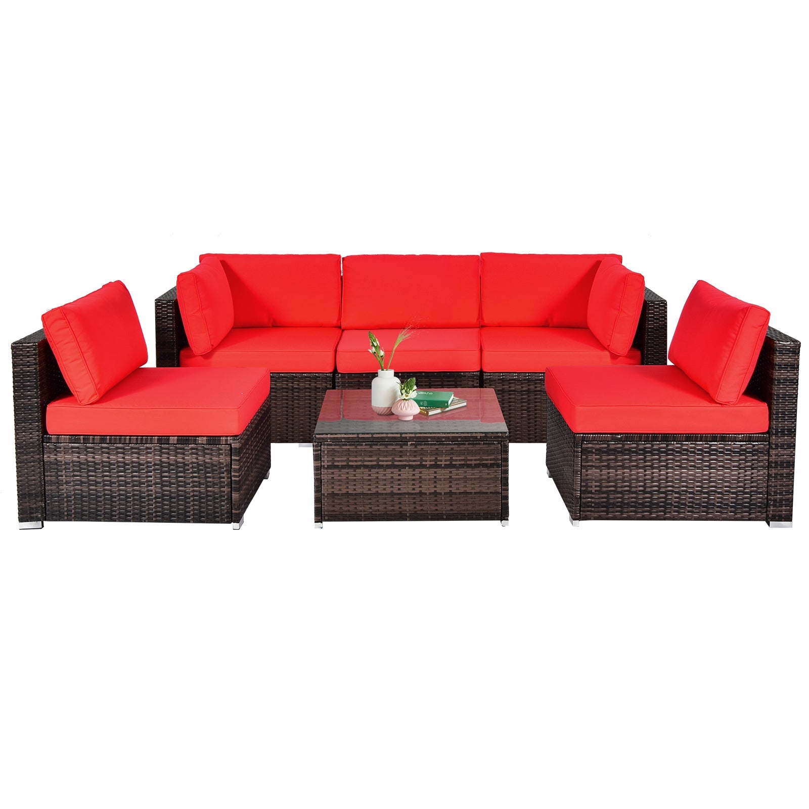 6 Pieces Patio Rattan Furniture Set with Cushions and Glass Coffee Table, Red Outdoor Sectionals   at Gallery Canada