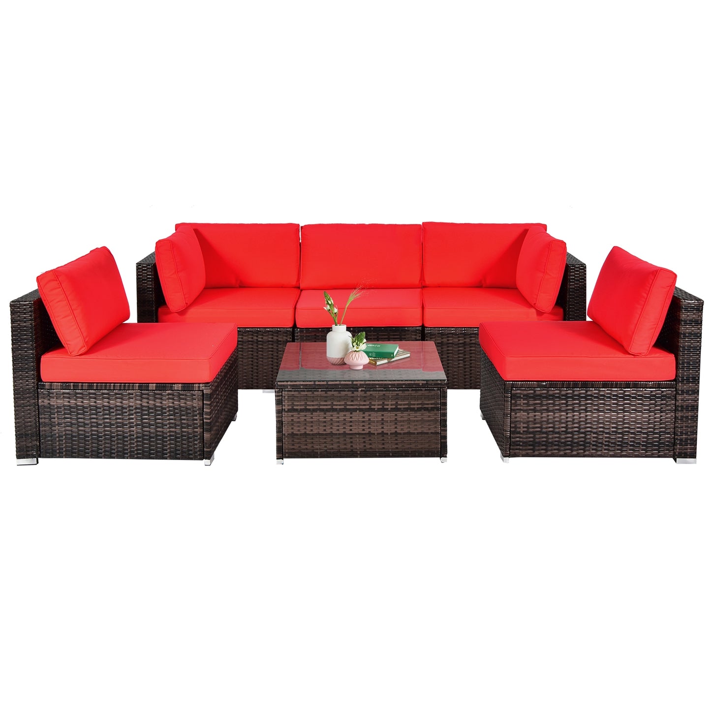 6 Pieces Patio Rattan Furniture Set with Cushions and Glass Coffee Table, Red Outdoor Sectionals   at Gallery Canada