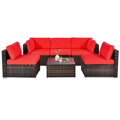 6 Pieces Patio Rattan Furniture Set with Cushions and Glass Coffee Table, Red Outdoor Sectionals   at Gallery Canada