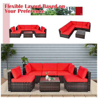 6 Pieces Patio Rattan Furniture Set with Cushions and Glass Coffee Table, Red Outdoor Sectionals   at Gallery Canada