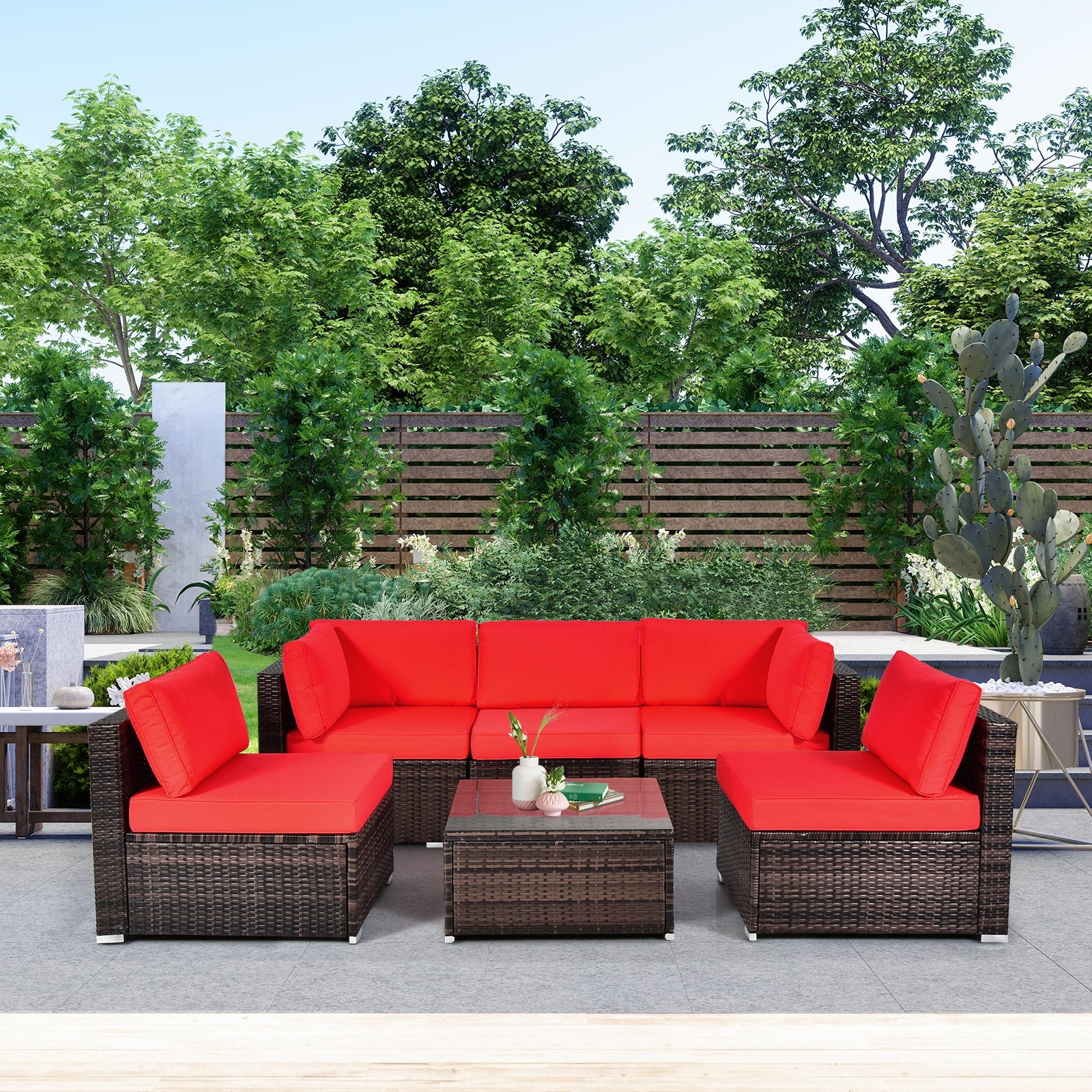 6 Pieces Patio Rattan Furniture Set with Cushions and Glass Coffee Table, Red Outdoor Sectionals   at Gallery Canada