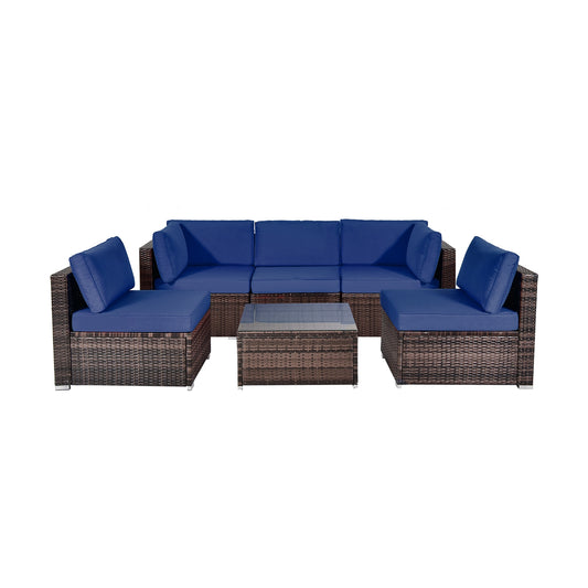 6 Pieces Patio Rattan Furniture Set with Cushions and Glass Coffee Table, Navy - Gallery Canada