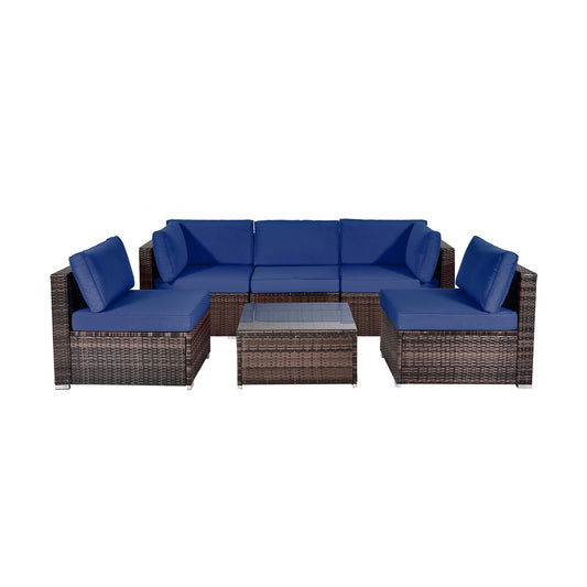 6 Pieces Patio Rattan Furniture Set with Cushions and Glass Coffee Table, Navy Outdoor Sectionals Navy  at Gallery Canada