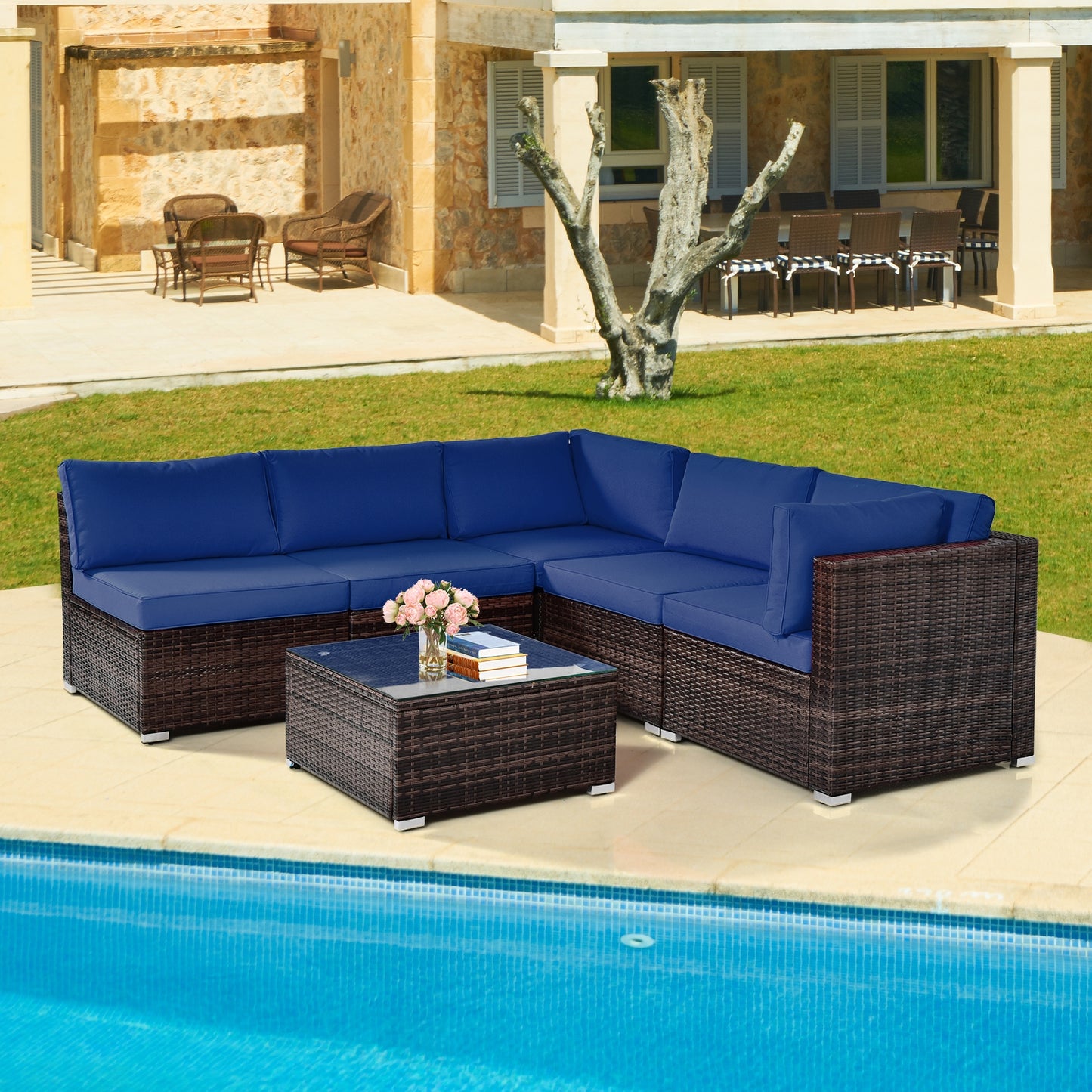 6 Pieces Patio Rattan Furniture Set with Cushions and Glass Coffee Table, Navy Outdoor Sectionals   at Gallery Canada