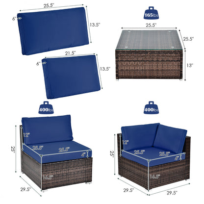 6 Pieces Patio Rattan Furniture Set with Cushions and Glass Coffee Table, Navy Outdoor Sectionals   at Gallery Canada