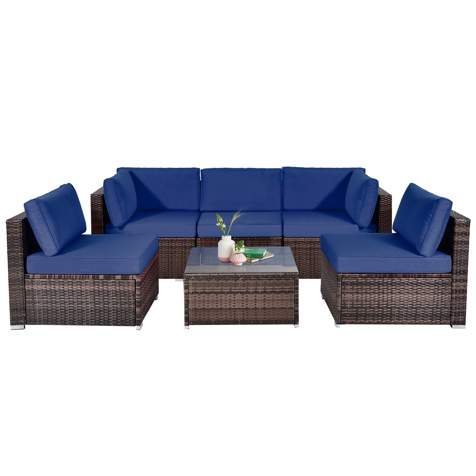 6 Pieces Patio Rattan Furniture Set with Cushions and Glass Coffee Table, Navy Outdoor Sectionals   at Gallery Canada