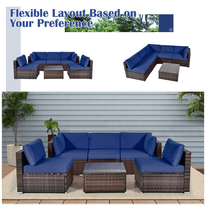 6 Pieces Patio Rattan Furniture Set with Cushions and Glass Coffee Table, Navy Outdoor Sectionals   at Gallery Canada