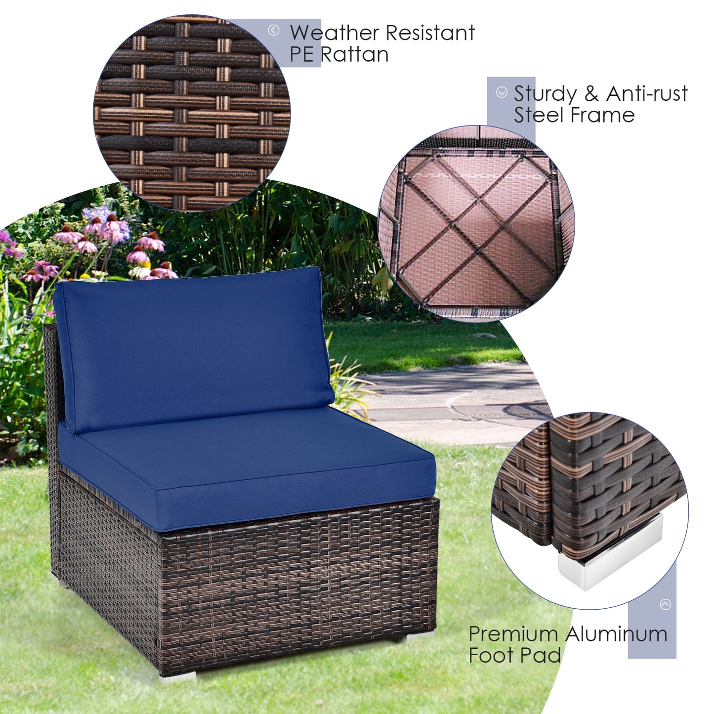 6 Pieces Patio Rattan Furniture Set with Cushions and Glass Coffee Table, Navy Outdoor Sectionals   at Gallery Canada