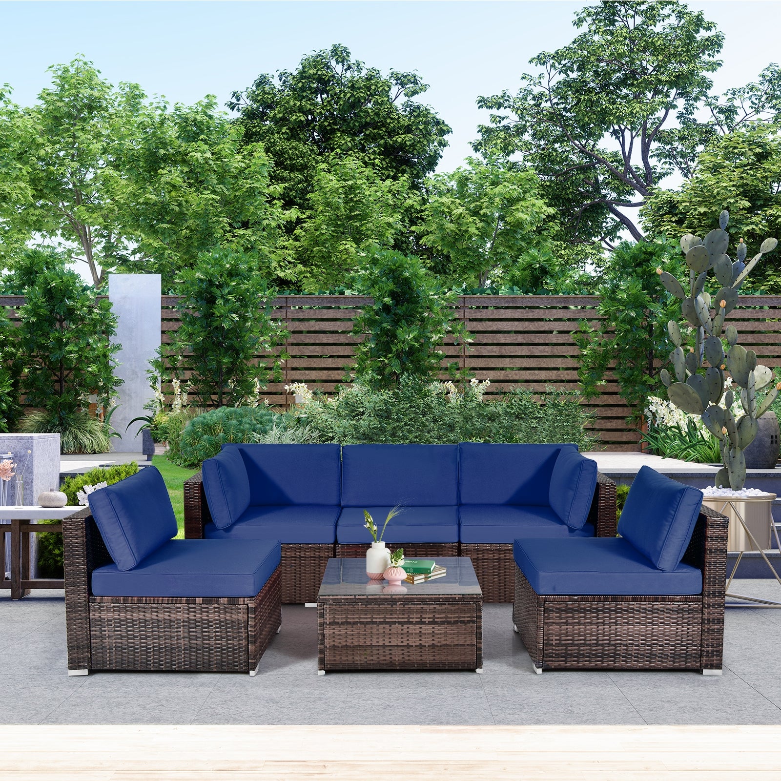 6 Pieces Patio Rattan Furniture Set with Cushions and Glass Coffee Table, Navy Outdoor Sectionals   at Gallery Canada