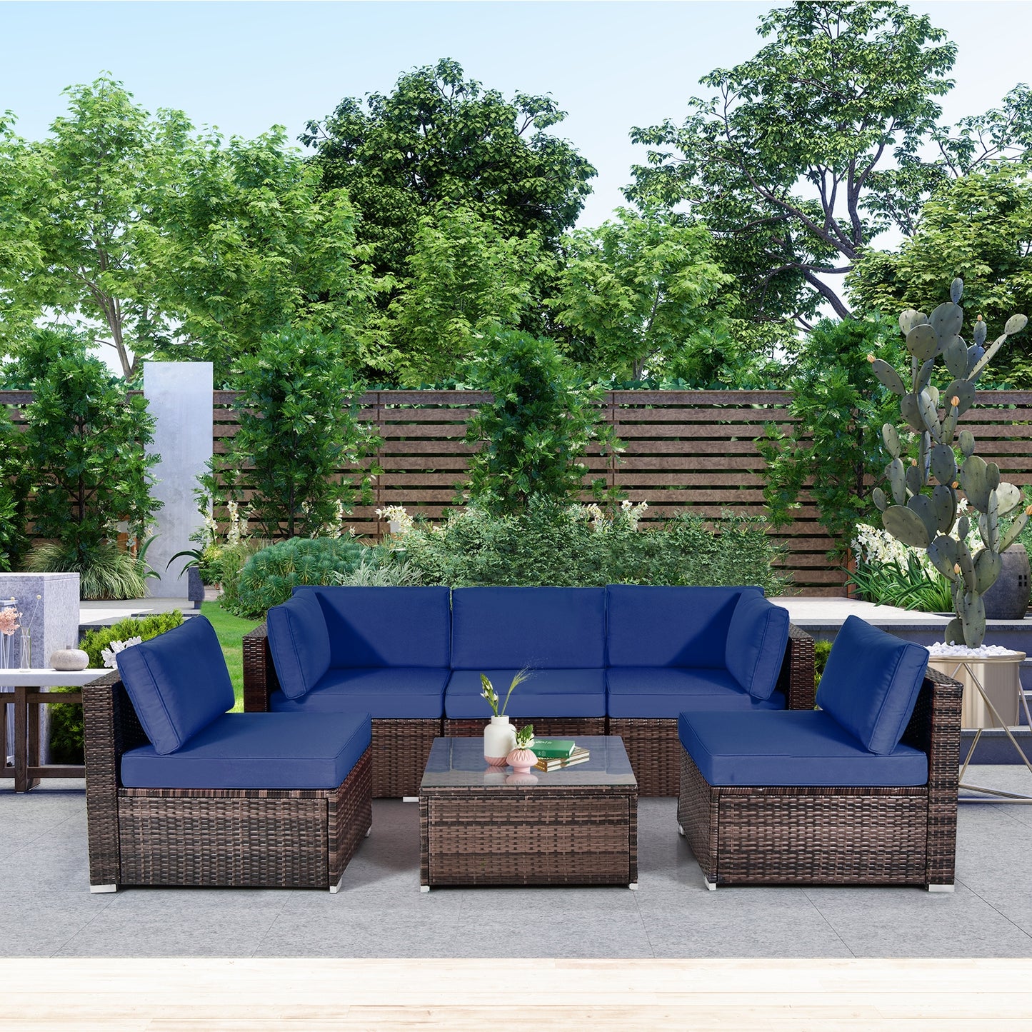 6 Pieces Patio Rattan Furniture Set with Cushions and Glass Coffee Table, Navy Outdoor Sectionals   at Gallery Canada